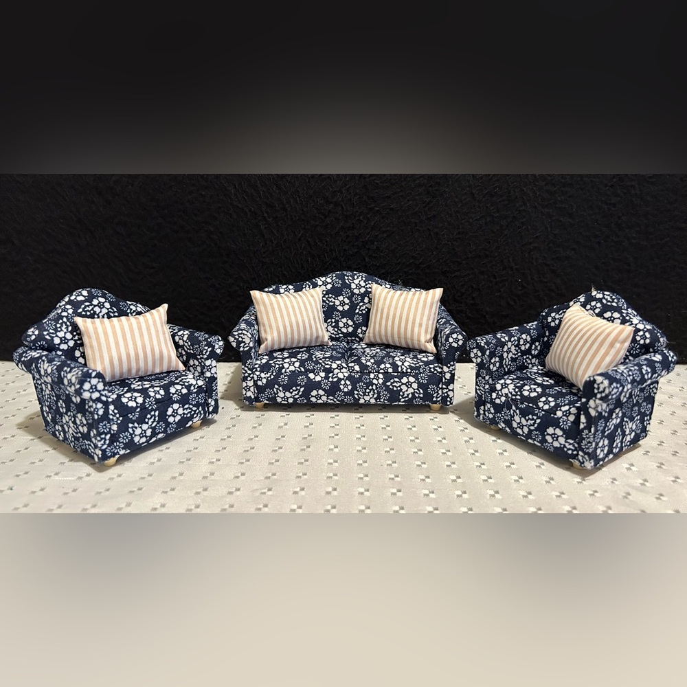 Dolls House Blue Floral Sofa & 2 Armchairs Modern Living Room Furniture Set 1:12